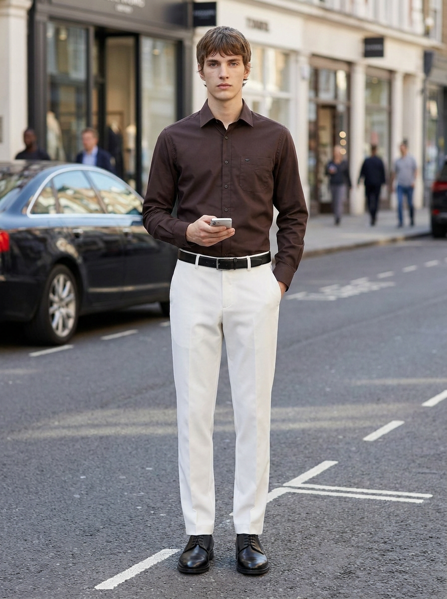 Men's Dark Brown Formal Shirt & White Trouser Combo