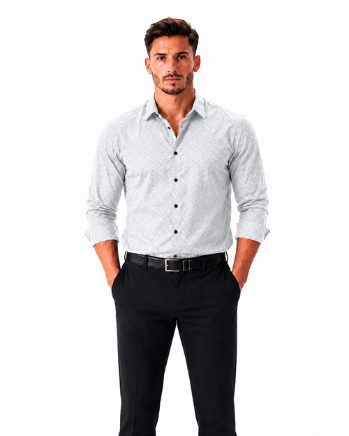 Men's White Printed Casual Shirt | Full Sleeve Slim Fit Shirt