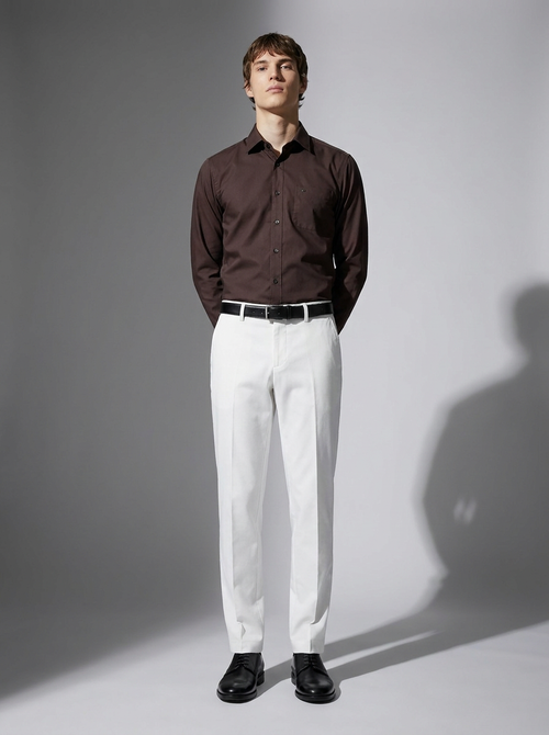 Men's Dark Brown Formal Shirt & White Trouser Combo