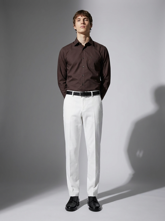 Men's Dark Brown Formal Shirt & White Trouser Combo