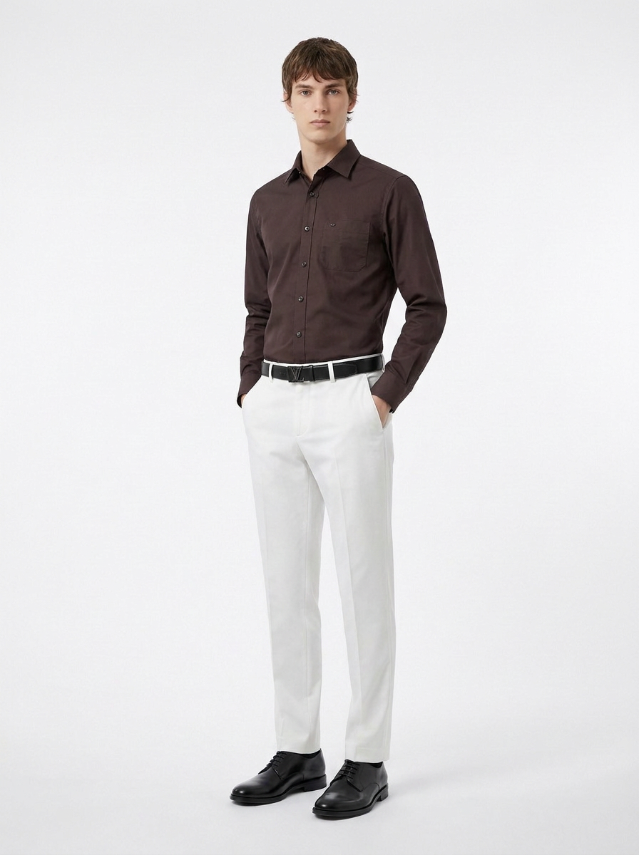 Men's Dark Brown Formal Shirt & White Trouser Combo