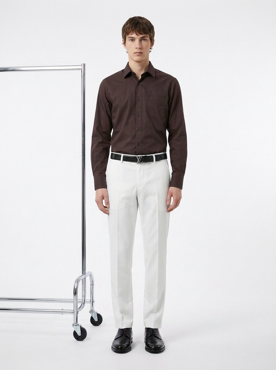 Men's Dark Brown Formal Shirt & White Trouser Combo