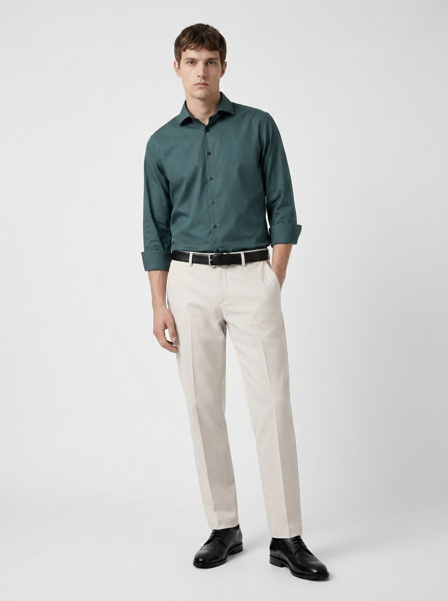 Men's Dark Green Formal Shirt & Cream Trouser Combo